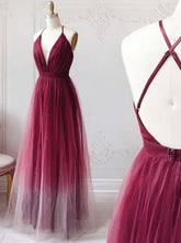 Burgundy V-Neck Tulle Ombre Long Prom Dresses, Backless Evening Dress